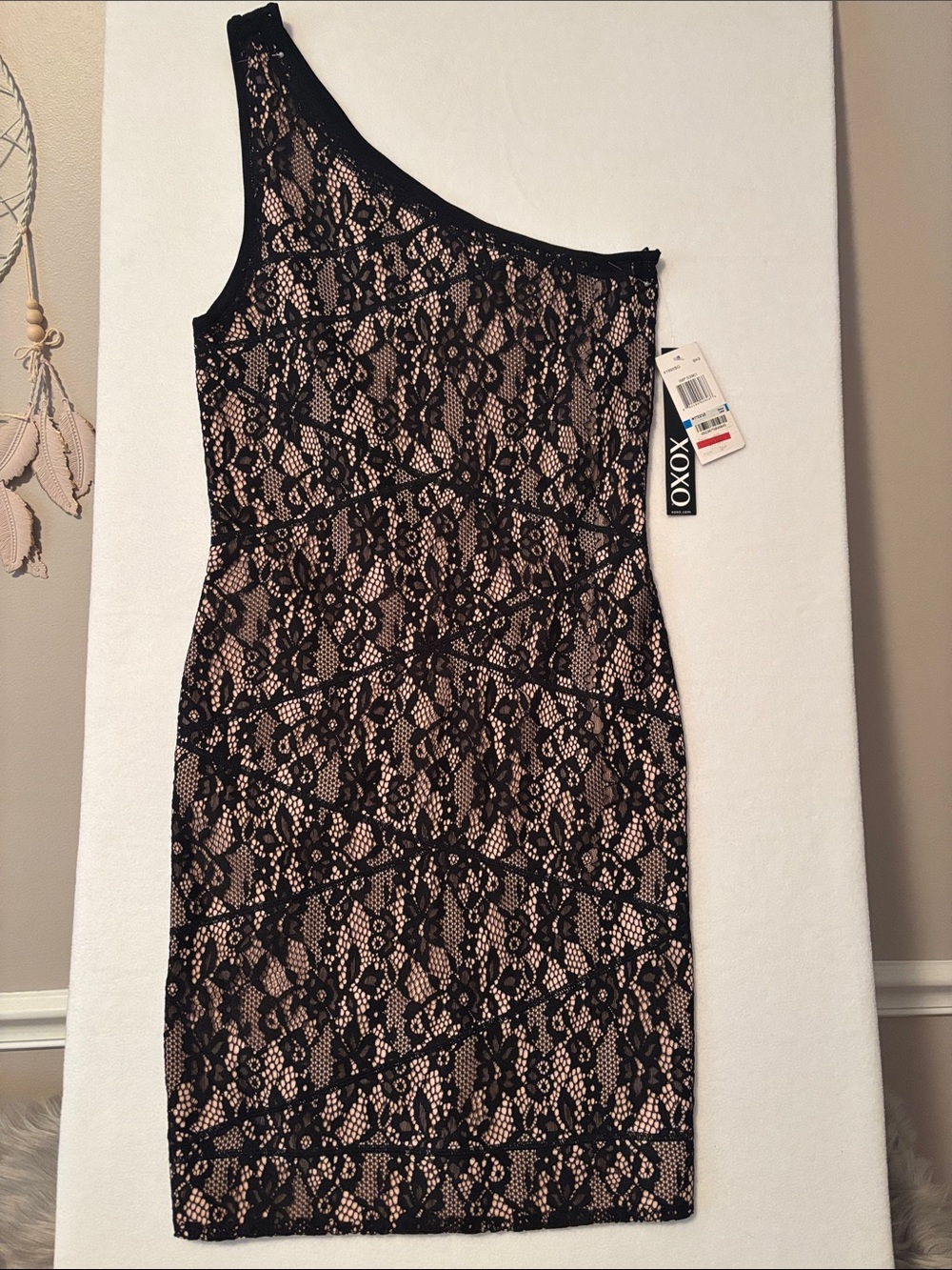XOXO Black Lace One-Shoulder body con dress with Nude Lining